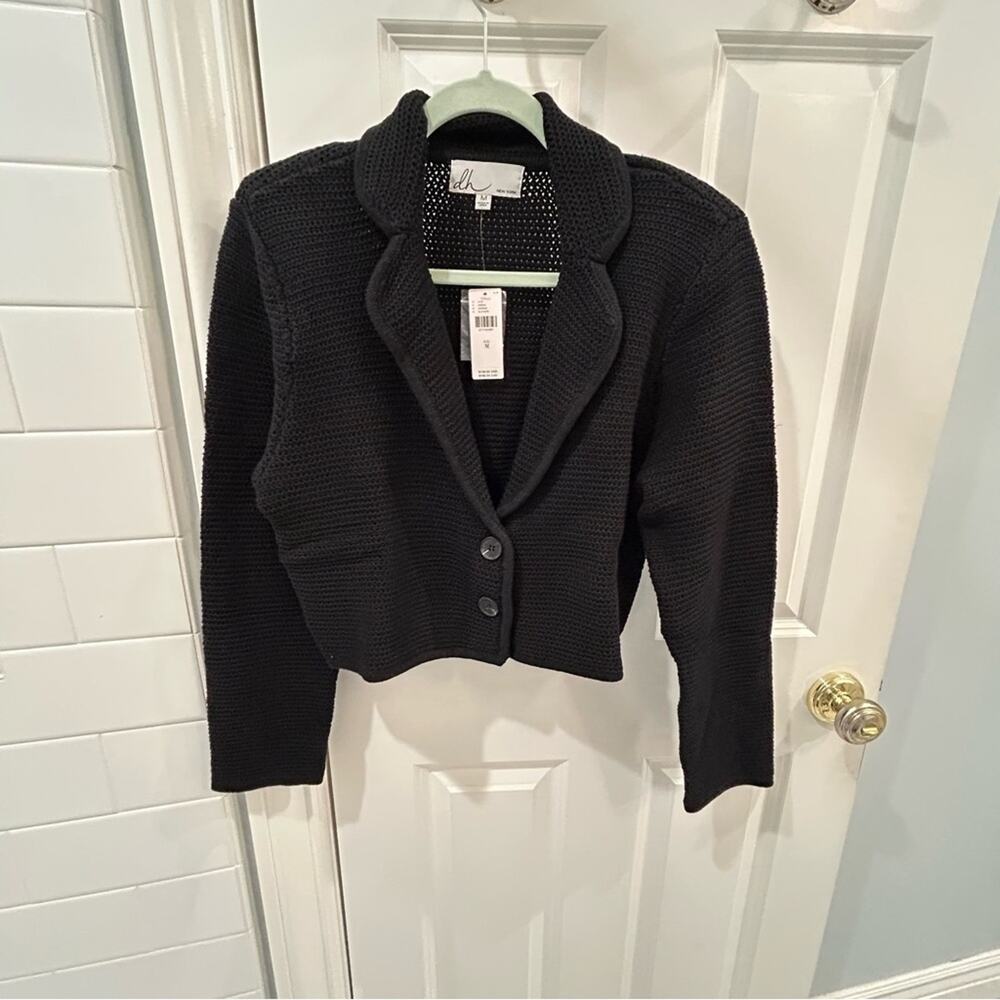 Anthropologie Black Cropped Cotton Blazer Open Knit Cardigan DH New York NWT M - Picture 3 of 11